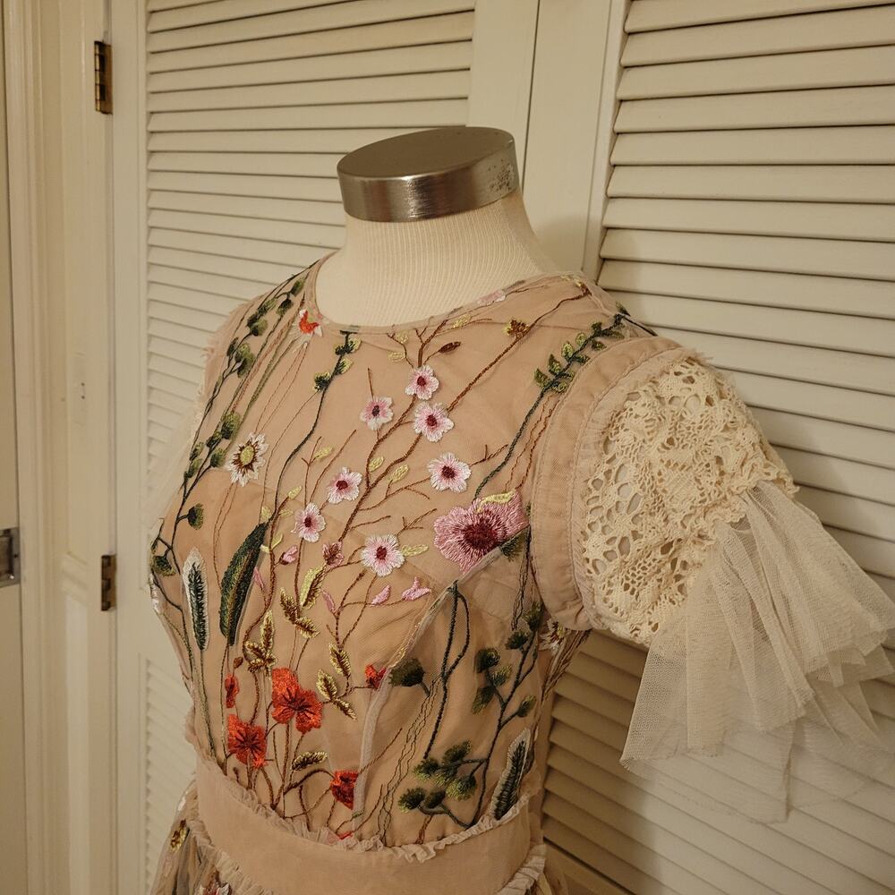 Floral Embroidered Mesh Midi Dress Handmade Beige Sheer Tassel Sleeve XS-S - Picture 2 of 8